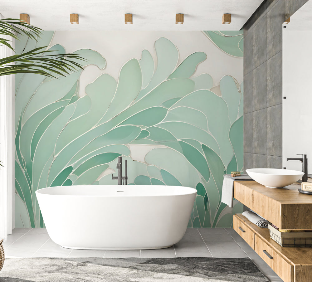Tropical leaf wallpaper in mint green creating a fresh look in modern living room