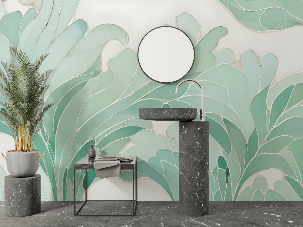 Abstract mint green leaf mural adding depth to minimalist bedroom