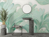 Abstract mint green leaf mural adding depth to minimalist bedroom