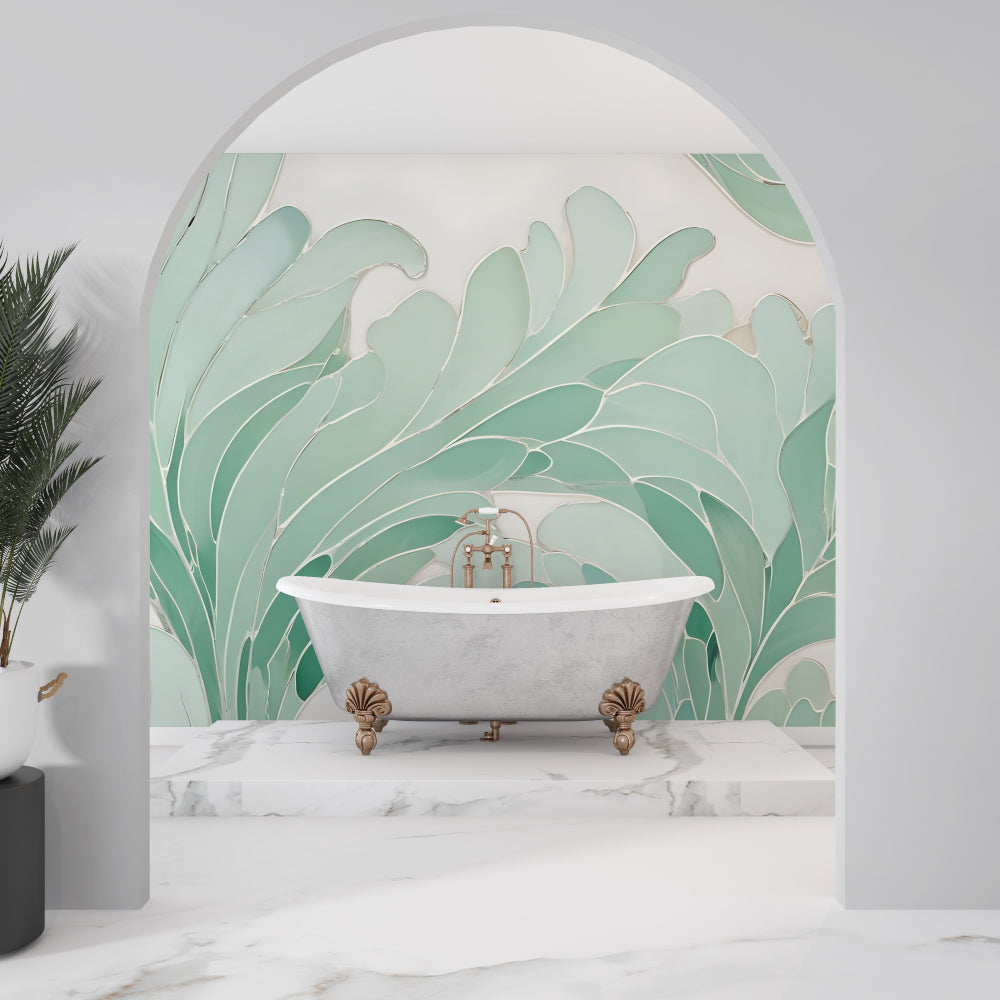 Botanical mint green wallpaper brightening home office space