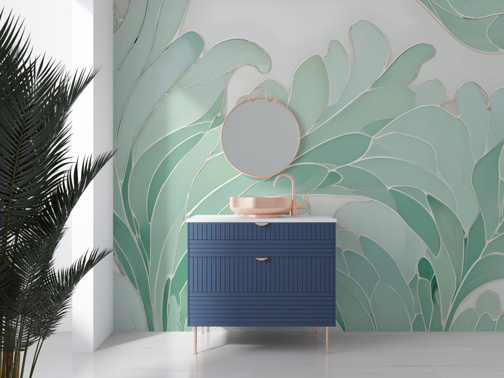 Modern tropical wallpaper in mint green transforming dining room