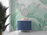 Modern tropical wallpaper in mint green transforming dining room