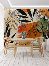 Abstract tropical wall mural making a statement in a minimalist dining room