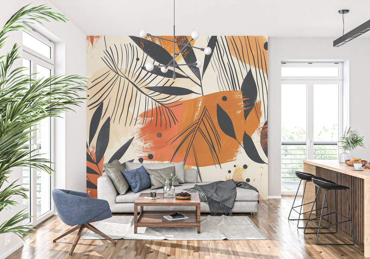 Orange and black palm leaf pattern creating depth in a bedroom