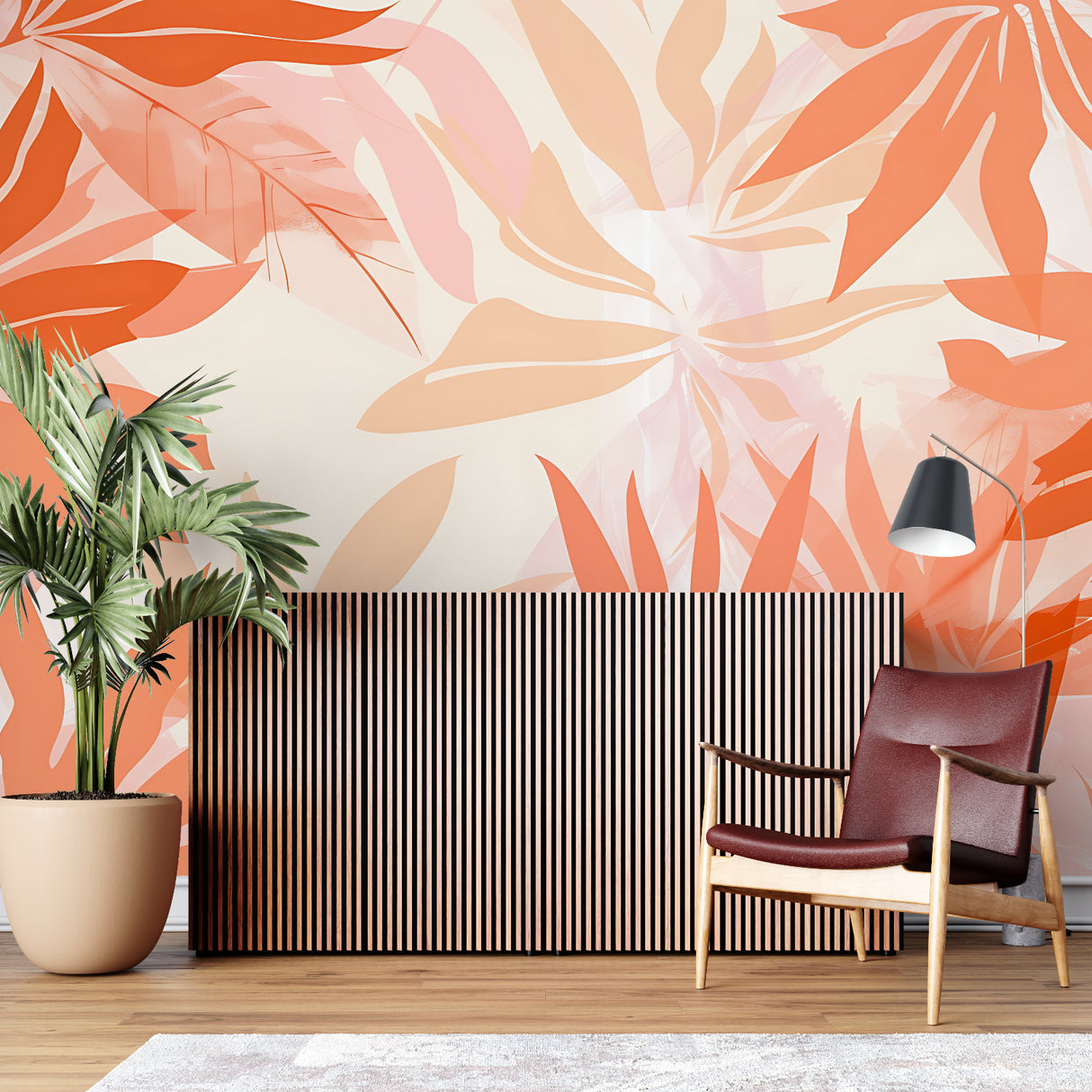 Abstract tropical wallpaper creating warm atmosphere in master bedroom