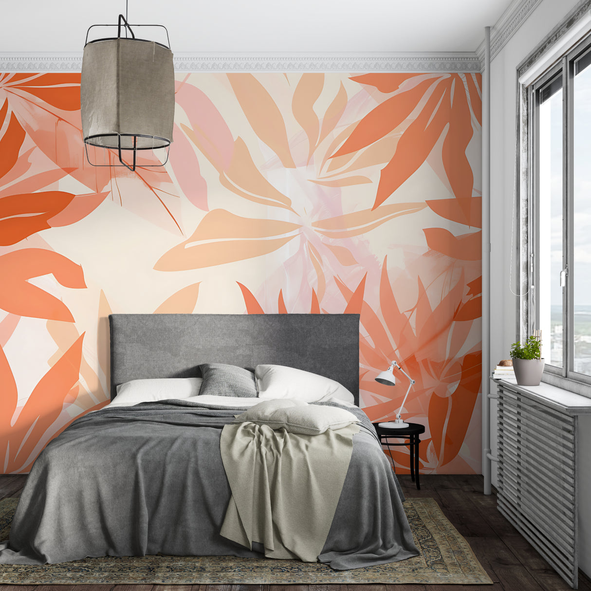 Pink and orange leaf mural wallpaper in cozy dining room setting