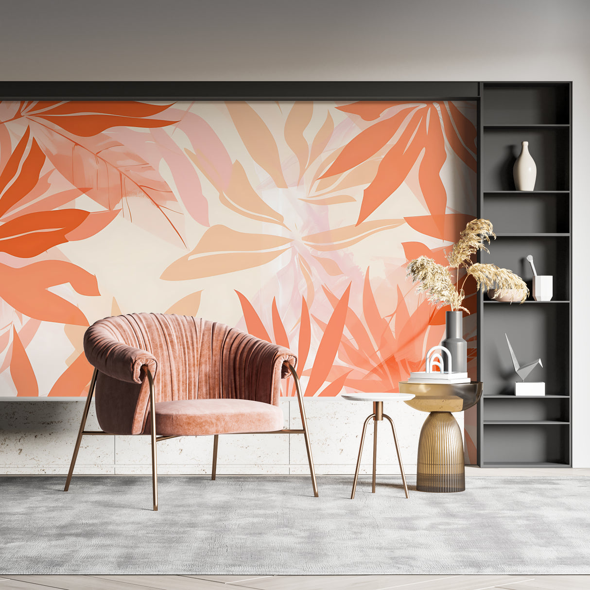 Abstract leaf pattern adding warmth to minimal hallway design