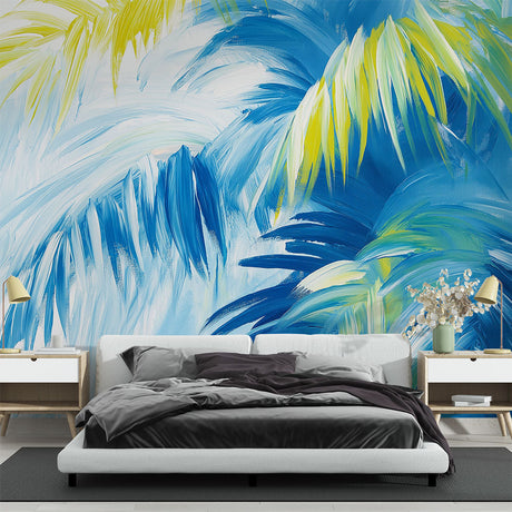 Tropical palm leaf wallpaper creating a sunny atmosphere in a modern living room with blue and yellow abstract design