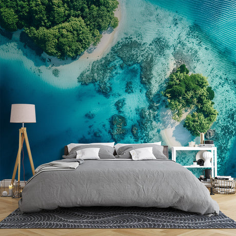 Tropical beach paradise wallpaper in modern living room showing turquoise waters and white sand from above