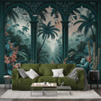 Tropical paradise wallpaper with Art Deco arches creating depth in a modern living room with natural light