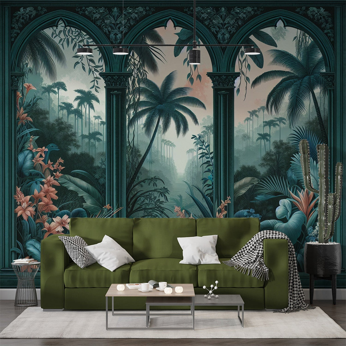 Tropical paradise wallpaper with Art Deco arches creating depth in a modern living room with natural light