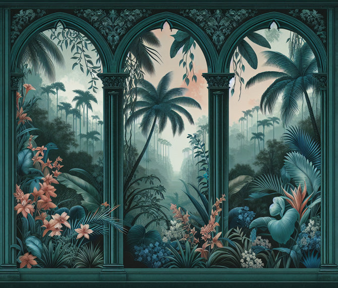 Art Deco tropical wallpaper design file showing detailed palm leaves and architectural elements