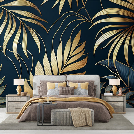 Tropical gold palm leaf wallpaper in a modern dining room, metallic Art Deco design catching evening light