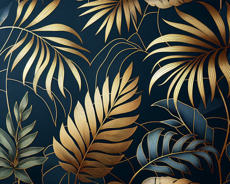 Gold palm leaves on navy background design file, Art Deco tropical pattern