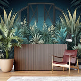 Botanical art deco wallpaper transforming a dining room into an elegant tropical paradise