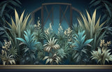 Design file showing detailed tropical garden pattern with art deco elements and turquoise sky