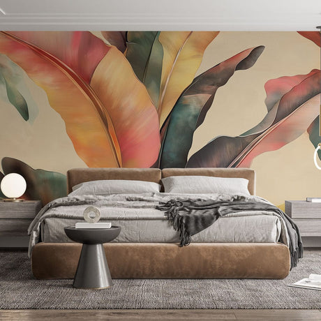 Tropical banana leaf wallpaper creating a fresh, modern look in a bright living room with natural light