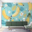 Tropical fruit wallpaper with bananas and daisies bringing fresh energy to a modern dining room