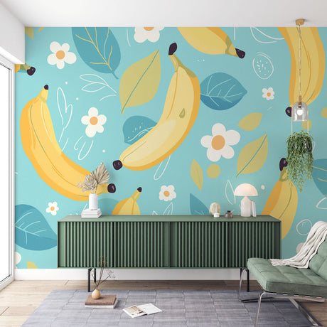 Tropical fruit wallpaper with bananas and daisies bringing fresh energy to a modern dining room