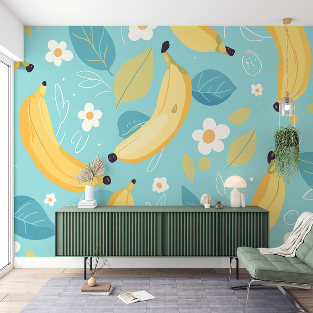 Tropical fruit wallpaper with bananas and daisies bringing fresh energy to a modern dining room