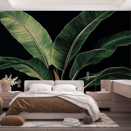 Tropical banana leaf wallpaper in modern dining room with dark backdrop and emerald green leaves creating depth