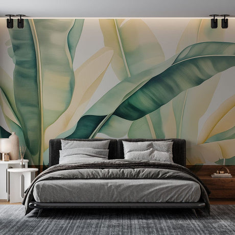 Tropical leaf wallpaper creating a fresh vibe in a modern living room with natural light and white furniture