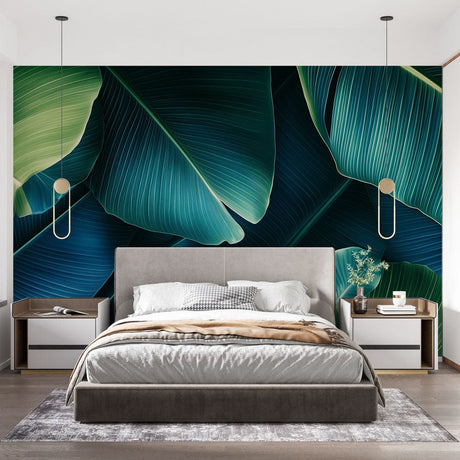 Tropical leaf wallpaper creating a stunning focal point in a modern living room with natural light highlighting the blue-green tones