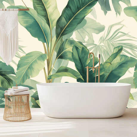 Tropical banana leaf wallpaper creating a fresh green accent wall in a bright modern living room with white sofa