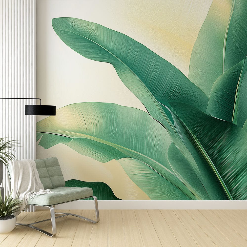 Tropical banana leaf wallpaper creating a fresh feel in modern living room with white furniture and natural light