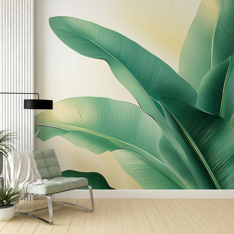 Tropical banana leaf wallpaper creating a fresh feel in modern living room with white furniture and natural light