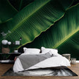 Tropical banana leaf wallpaper creating a lush atmosphere in a modern living room with natural light