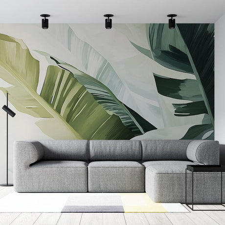 Tropical leaf wallpaper bringing fresh style to a modern living room with white furniture and natural light