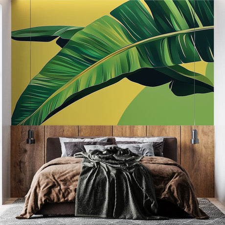 Tropical banana leaf wallpaper creating a stunning accent wall in a modern dining room with natural light