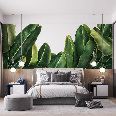 Tropical banana leaf wallpaper in modern living room with natural light showing rich emerald green tones