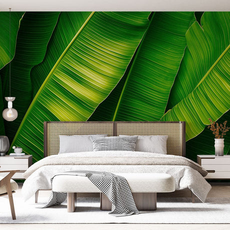 Tropical banana leaf wallpaper creating a lush atmosphere in a modern living room with natural light