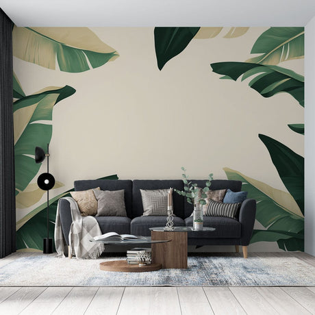 Tropical banana leaf wallpaper creating a calm atmosphere in a modern living room with natural light