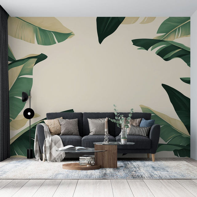 Tropical banana leaf wallpaper creating a calm atmosphere in a modern living room with natural light