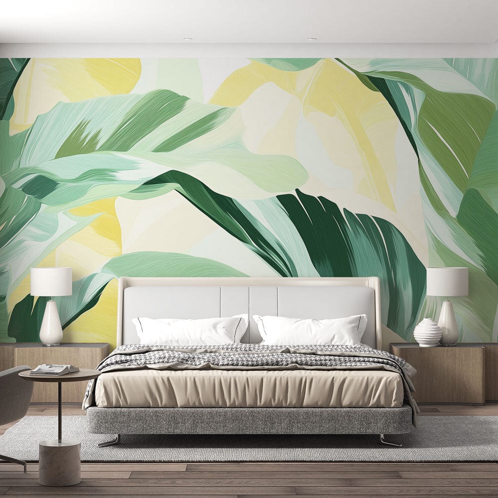 Tropical banana leaf wallpaper creating a fresh atmosphere in a modern living room with white furniture