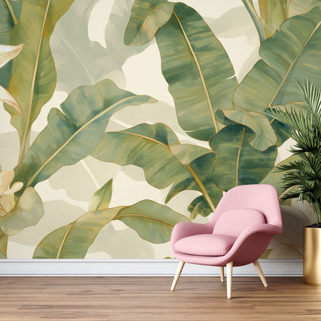 Tropical banana leaf wallpaper creating a resort feel in a bright modern living room with natural light
