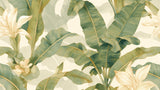 Banana leaf wallpaper design file showing detailed sage-green palm fronds with exotic cream flowers