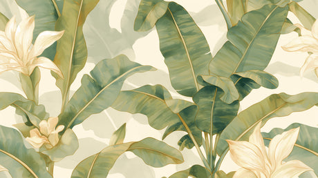 Banana leaf wallpaper design file showing detailed sage-green palm fronds with exotic cream flowers