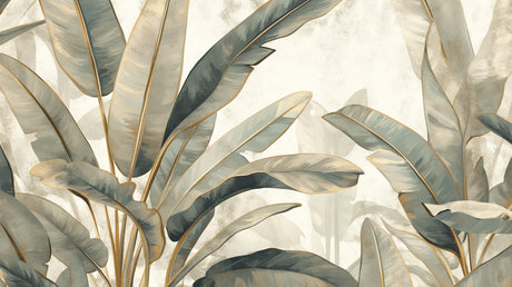 Tropical banana leaf wallpaper with gold accents creating a luxurious atmosphere in a modern living room