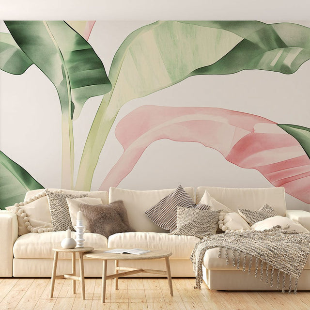 Tropical leaf wallpaper with pink accents in modern living room, creating a fresh and peaceful atmosphere