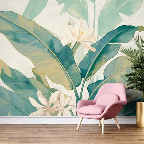 Tropical banana leaf wallpaper with white blossoms creating a peaceful atmosphere in a modern living room setting