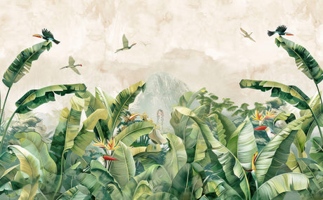Design file showing detailed banana leaves and birds pattern on beige background