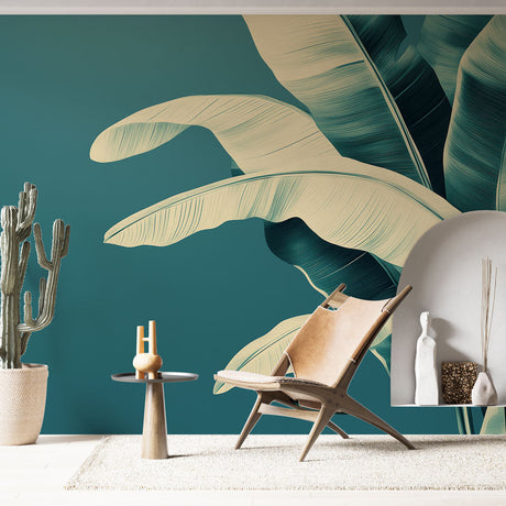 Tropical banana leaf wallpaper creating a peaceful atmosphere in a modern living room with natural light