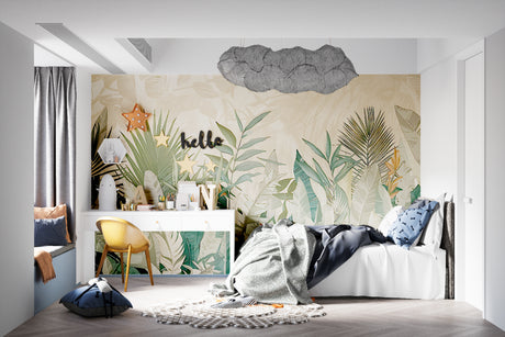 Tropical leaf wallpaper in a bright modern living room, bringing natural calm to the space