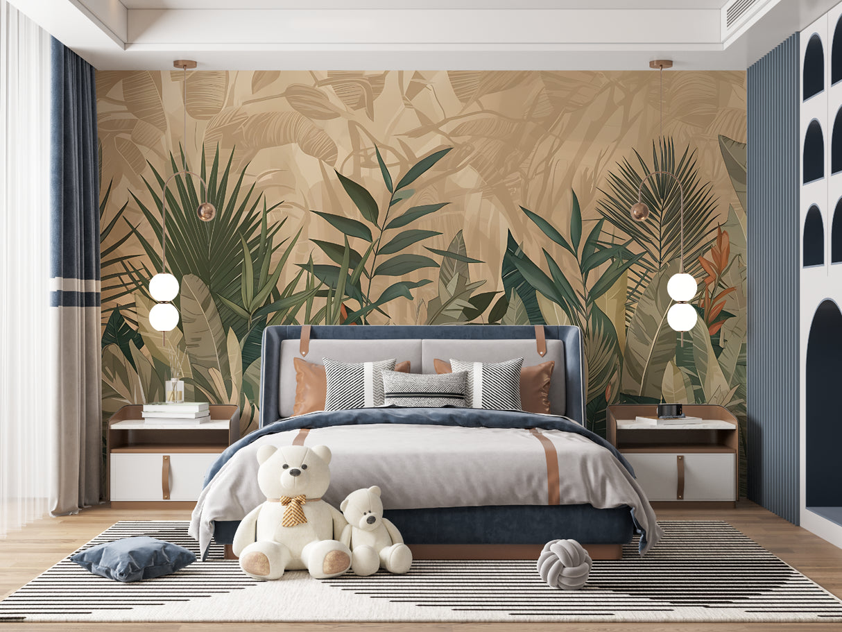 Palm leaf mural creating a fresh backdrop in a minimalist bedroom