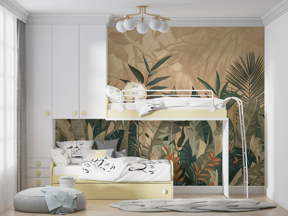 Tropical palm leaves design adding warmth to a dining room