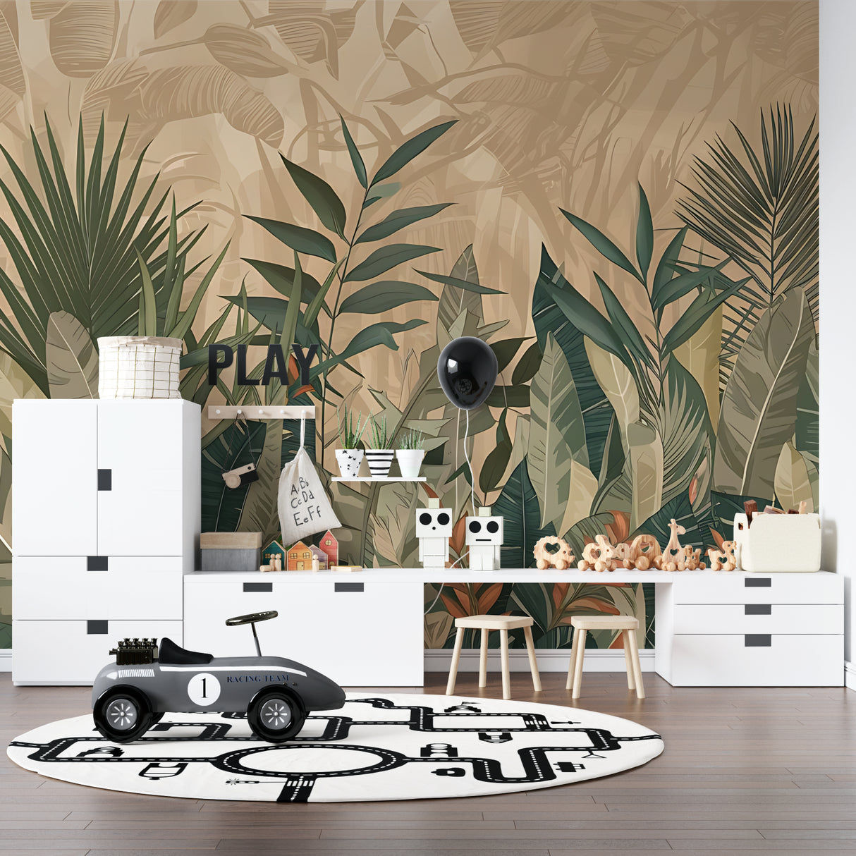 Green and beige palm leaf pattern bringing life to an entrance hall
